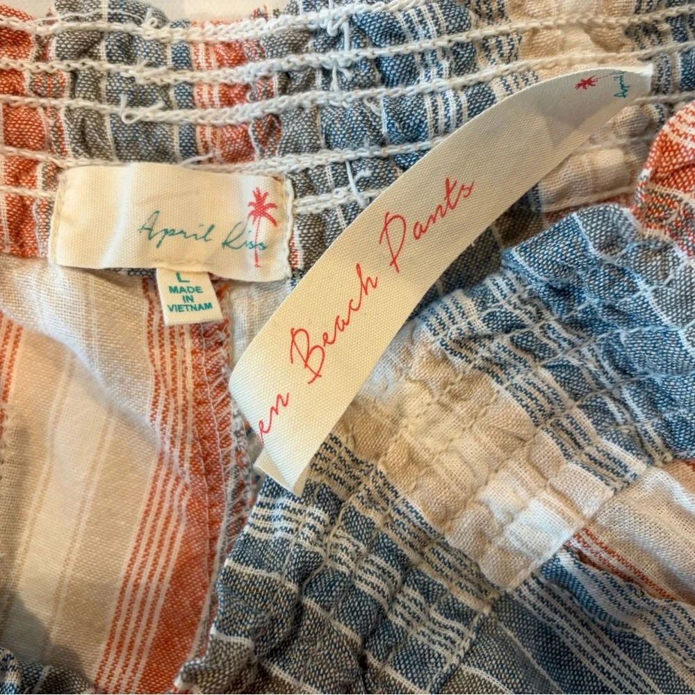 April Kiss Smocked Waist Boho Linen Cotton Blend Large Beach Pants Blue Orange - Picture 14 of 14